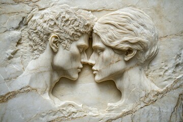 Fototapeta premium Marble Sculpture of Two Faces in Profile, Heads Touching