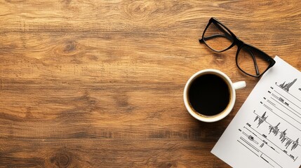 Business plan blueprint on a wooden desk with coffee and glasses, strategic planning concept