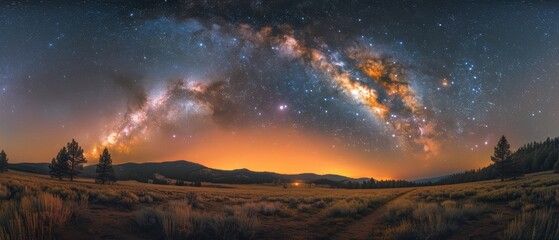 Majestic Milky Way Galaxy Illuminating Rural Night Sky - Beautiful Astronomical Landscape Photography