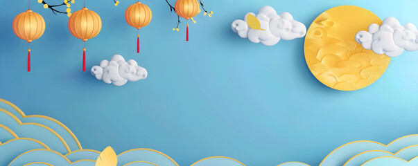 Flat cartoon frame with background of full moon, night sky, chinese lanterns and clouds. Mid Autumn Festival banner with copy space. Chinese lantern festival. Chinese New Year. Design for poster, card