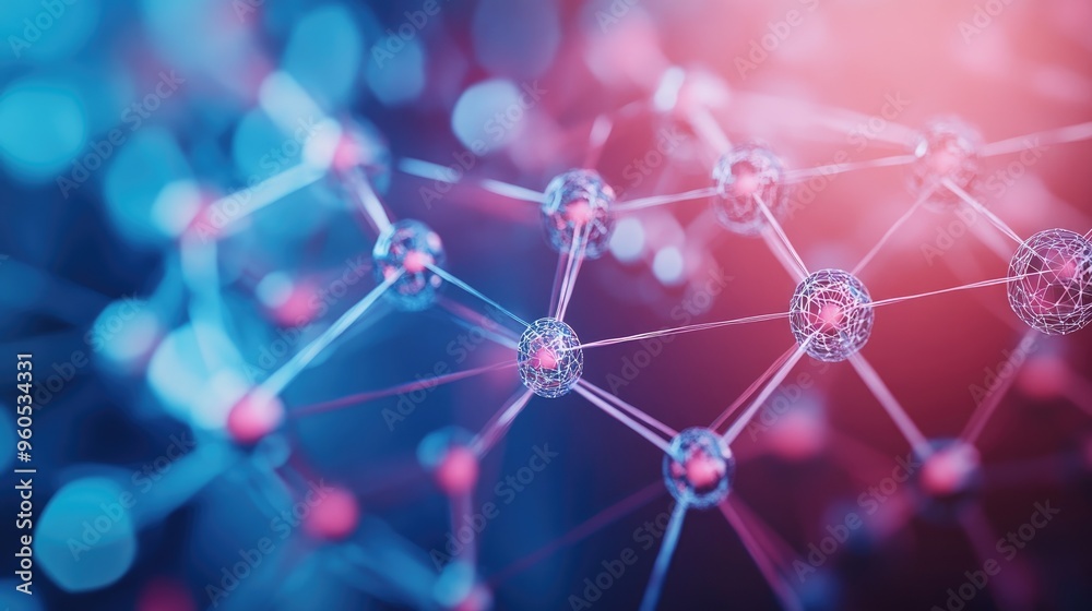 Poster Abstract geometric background featuring interconnected dots and lines representing molecular structures and digital communication networks
