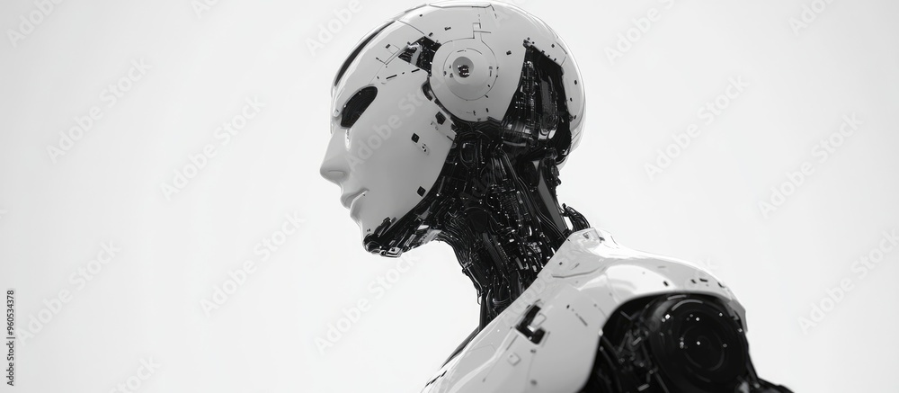Poster intricate design of a black and white ai robot on a white backdrop 3d cg representation highlighting