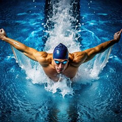 A male swimmer wearing goggles and a swim cap executes a butterfly stroke, creating a wave of water as he propels himself forward in a pool