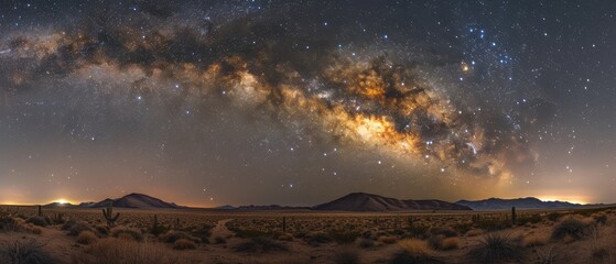 Fototapeta premium Illuminated Night: The Radiant Core of the Milky Way shining above a Desert Landscape