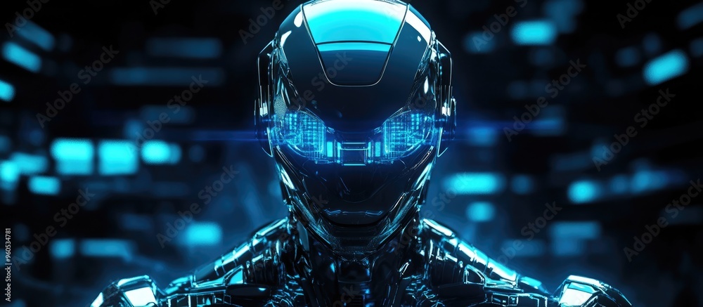 Wall mural cyborg depicted with moody blue and green 80s lighting in a front facing 3d illustration and render