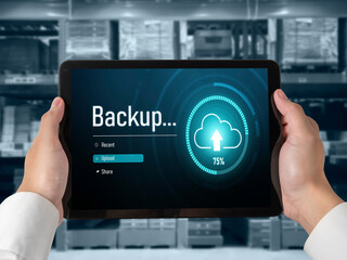 Backup Storage Data Internet Technology Business concept. Database storage cloud technology file data transfer sharing, cyber, big data information, internet banking application download upload snugly