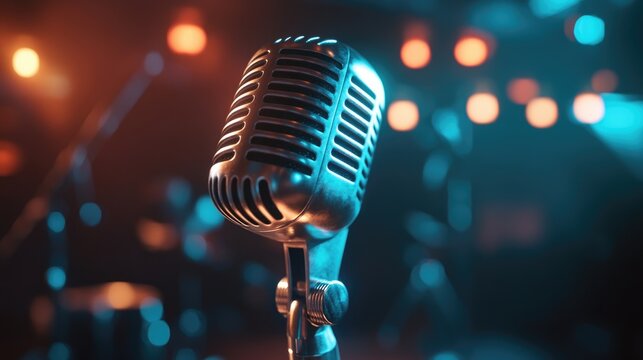 Vintage style microphone against a backlit backdrop Silver microphone designed for sound music and karaoke Broadcasting equipment for live pop and rock performances Selective focus