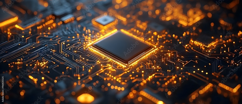 Poster closeup view of intricate logic circuits and semiconductor chip showcasing the complexity and precis