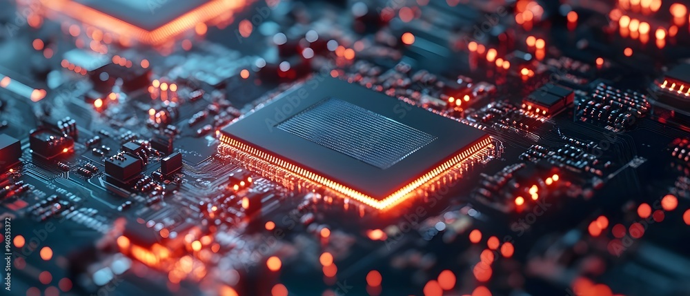 Poster cutting edge semiconductor microchip and futuristic electronics concept advanced microprocessor and 
