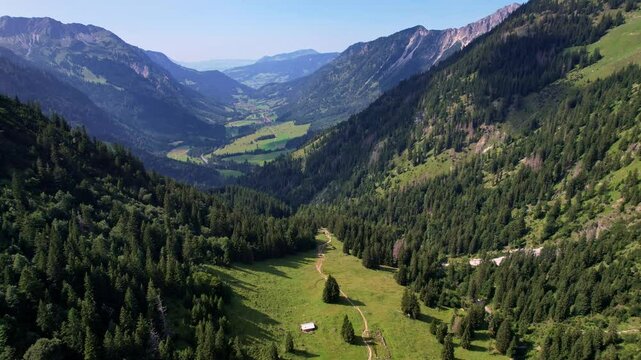 4K Aerial Drone video of the most beautiful mountain lake Schrecksee in Bavarian Alps with the cows feeding on lush green grass on a sunny day with blue skies and rocky hill tops surrounding