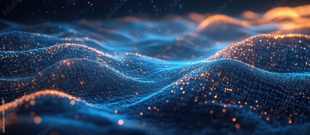 Poster abstract image featuring horizontal lines of blue particles and a flowing 3d landscape against a dar