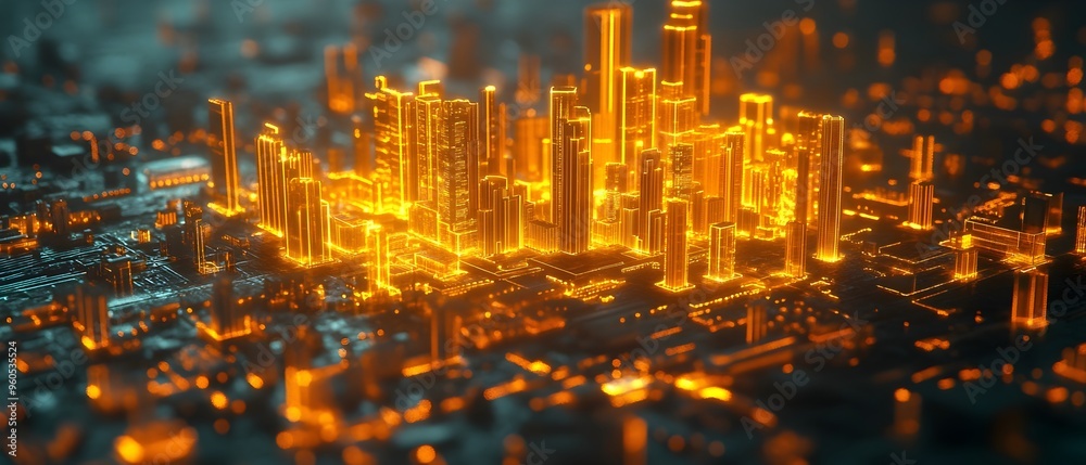 Poster glowing ai powered digital twin of a futuristic metropolis symbolizing urban planning and management