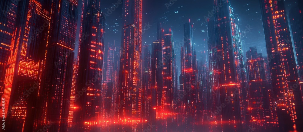 Poster a modern digital cityscape glowing with neon lights showcasing flowing binary code and cutting edge 
