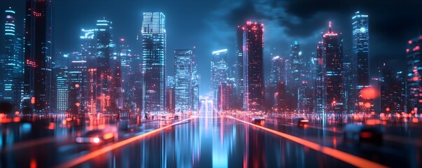 Fototapeta premium Futuristic smart city skyline with glowing digital pathways high rise buildings and autonomous vehicles symbolizing the innovative and sustainable future of urban living