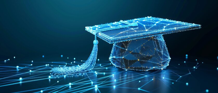 Digital graduation cap icon in low poly wireframe,education technology and e-learning platforms, optimizing learning experiences and enhancing academic achievement. 
