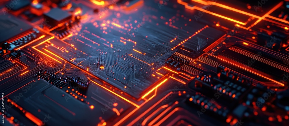 Poster close up view of a contemporary graphics card circuit with activated cybersecurity features in 3d re