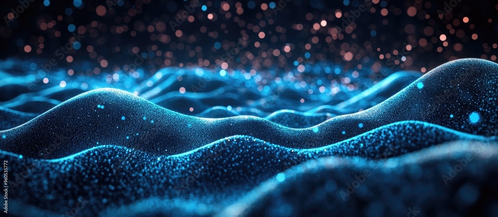 Poster abstract image featuring horizontal lines of blue particles and a flowing 3d landscape against a dar