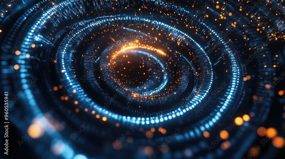 Poster spiral technology backdrop featuring circular lines and dot connections abstract composition of lumi