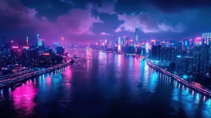 A vibrant cityscape with glowing tall skyscrapers in pink and blue hues during the night