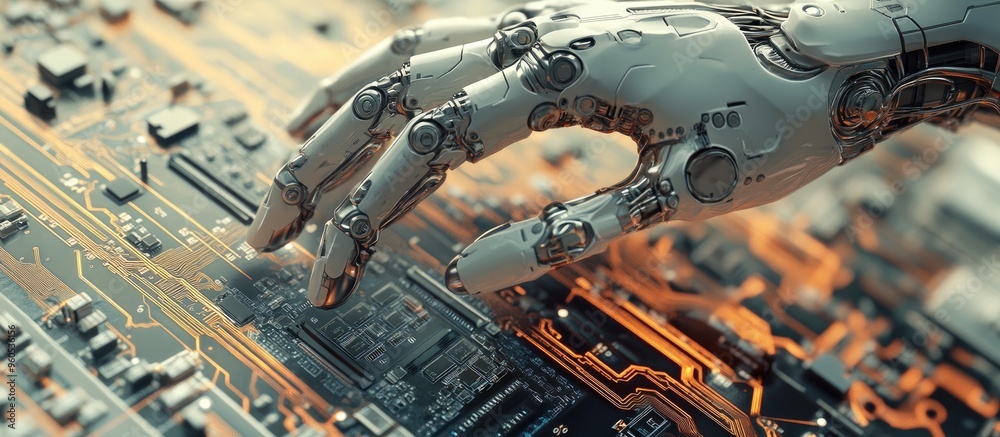 Poster highly detailed robotic hand interacts with a digital circuit board using its index finger represent