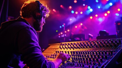 Live concert sound engineer adjusting mixers while band plays under colorful lighting setup