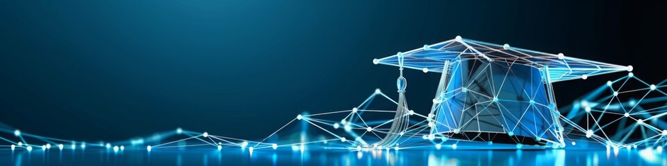 Digital graduation cap icon in low poly wireframe,education technology and e-learning platforms, optimizing learning experiences and enhancing academic achievement. 