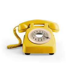 Vintage yellow telephone from the 70s as a concept of contact, communication and answering customers, with transparent background and shadow