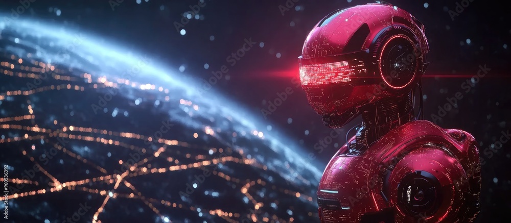 Poster red robot infiltrating a global network on a dark background 3d rendering