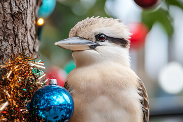 Festive Kookaburra Cheer: A kookaburra perches near shimmering Christmas ornaments, bringing a touch of Aussie charm to the holiday season. 