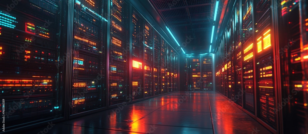 Poster 3d render server racks in a dim environment with vfx detailed visualization of internet of things da