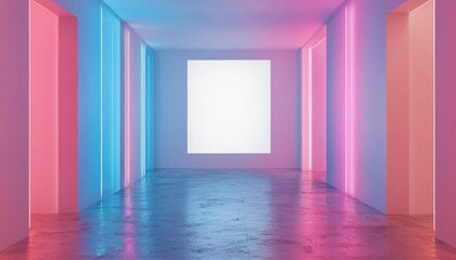 Neon Lights Reflecting on a Concrete Floor in a Room with White Walls and Doors