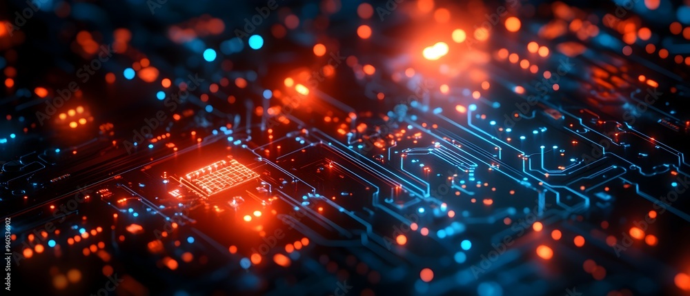 Poster intricate semiconductor circuits and futuristic silicon chip design concept with abstract geometric 