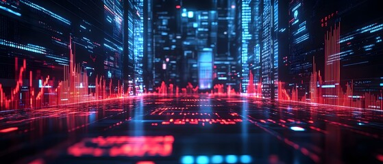 Futuristic AI powered financial trading floor with glowing data streams automated systems and dynamic visualizations symbolizing the of intelligence and advanced analytics in the finance industry