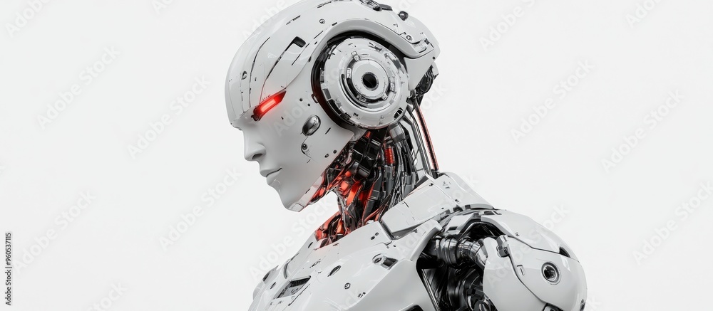 Wall mural profile image of a large robotic figure against a white background shown in a side view 3d rendered 