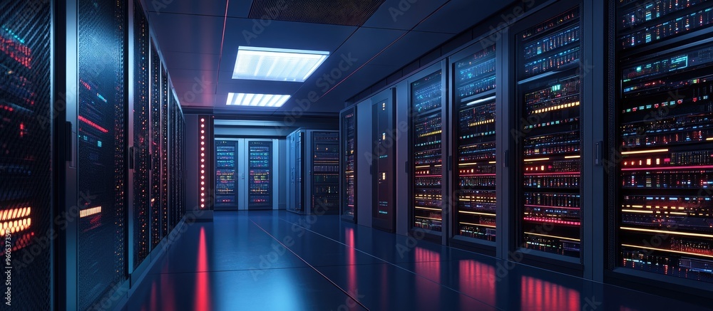 Poster contemporary data center featuring racks and cabinets advanced cyber security network in server room