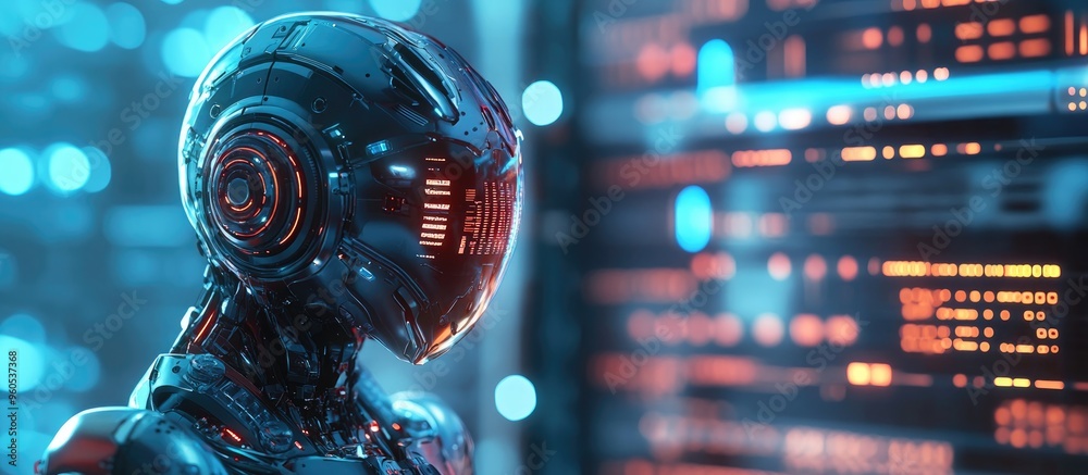 Poster 3d rendering of a robotic interface for web security protection set against a blurred background