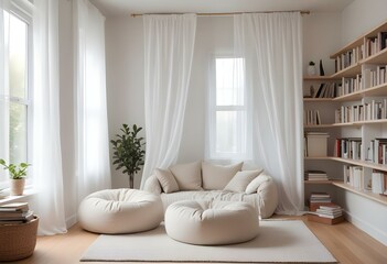 A minimalist room with a wooden floor and a soft, diffused light coming through a window, creating a serene and calming atmosphere