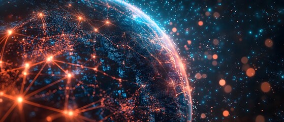 Glowing AI powered digital globe with data streams flowing into it representing global connectivity technology and the future of information exchange
