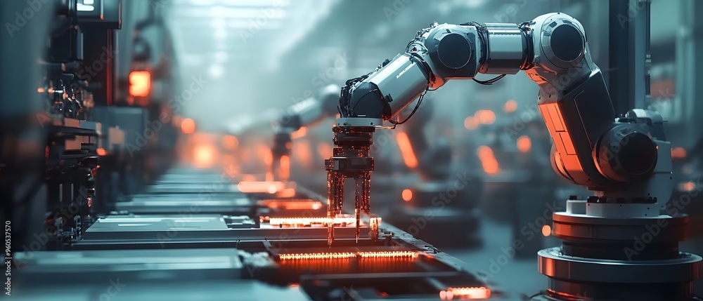 Poster futuristic ai powered factory scene with robotic arms precisely assembling and constructing intricat