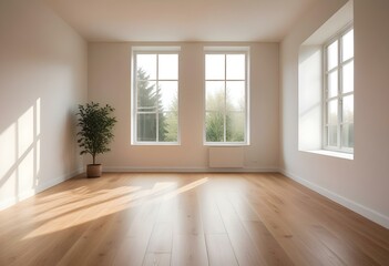 A minimalist room with a wooden floor and a soft, diffused light coming through a window, creating a serene and calming atmosphere