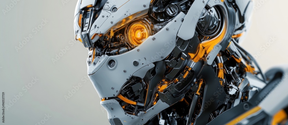 Poster close up view of an amazing robot with intricate details represented in a 3d illustration format