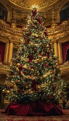 Elegant Christmas Tree in Historic Theater Lobby with Gold and Burgundy Ornaments
