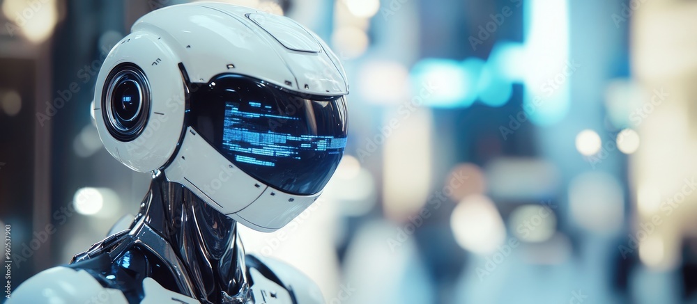 Poster white robot in a blurred setting designing a 3d structure representing future technology