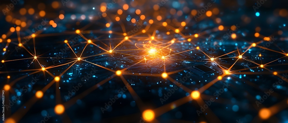 Poster glowing and futuristic visualization of an ai powered social network with interconnected algorithmic