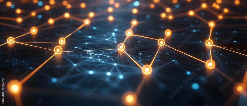 Poster Glowing and dynamic visualization of an AI powered digital network with interconnected nodes