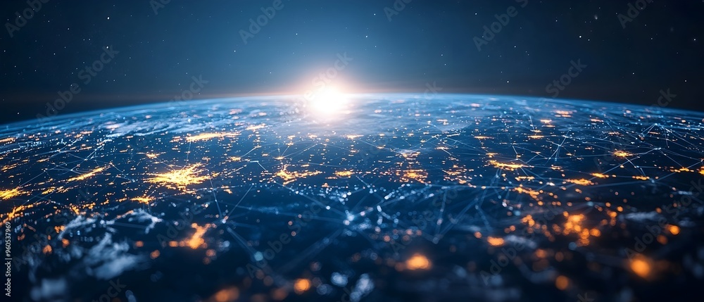 Poster glowing ai powered global communication network visualized as a web of light across a digital globe 