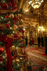 Fototapeta premium Grand Theater Christmas Tree with Red and Gold Ornaments, Velvet Ribbons, and Soft Glowing Lights