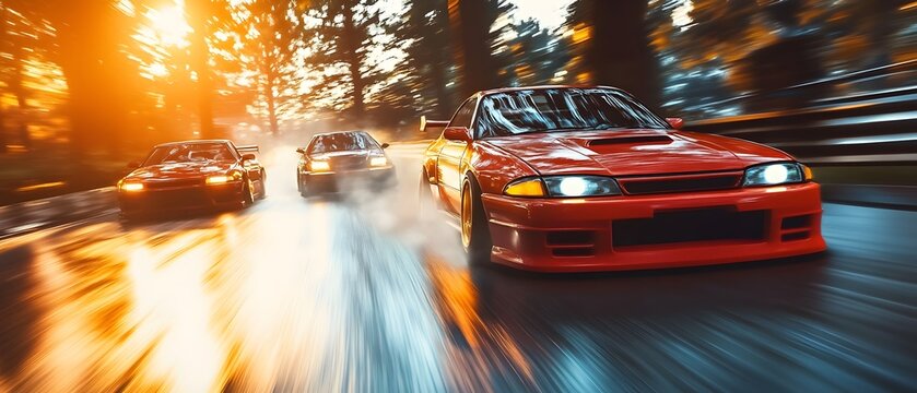 Captivating Motorsport Action Featuring Tuned JDM Cars in a Touge Racing Event at Dusk on a Winding Mountain Road