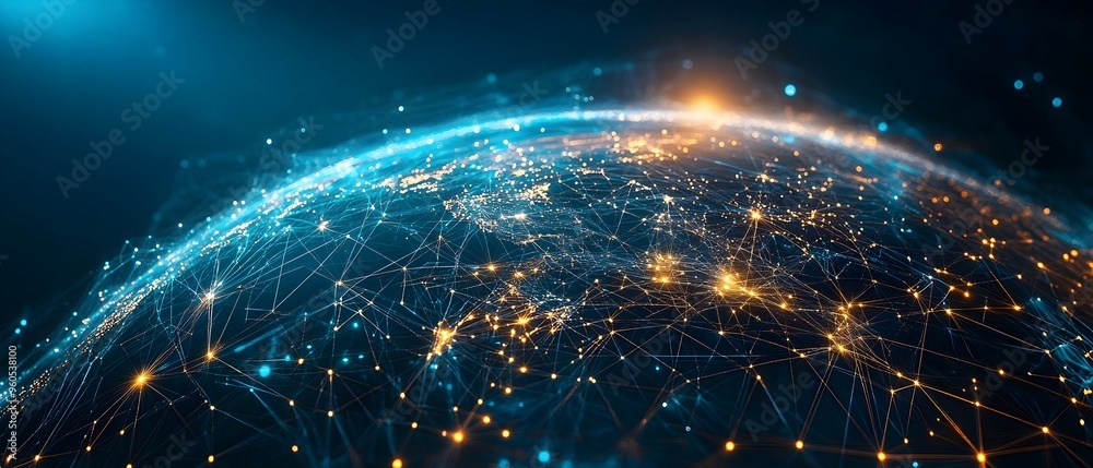 Poster glowing ai powered communication network visualized as a stunning web of light across a digital glob