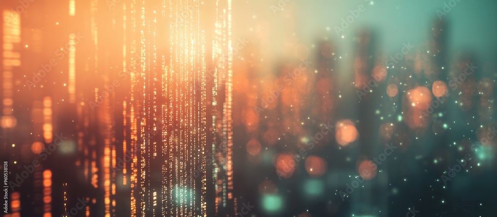 Poster holographic code on a blurred urban backdrop symbolizing artificial intelligence and neural network 